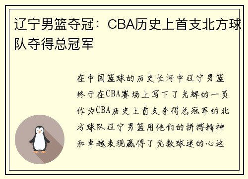 辽宁男篮夺冠：CBA历史上首支北方球队夺得总冠军