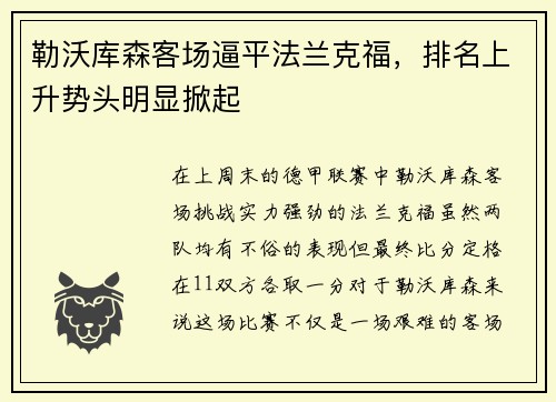 勒沃库森客场逼平法兰克福，排名上升势头明显掀起