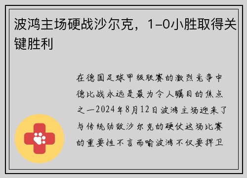 波鸿主场硬战沙尔克，1-0小胜取得关键胜利